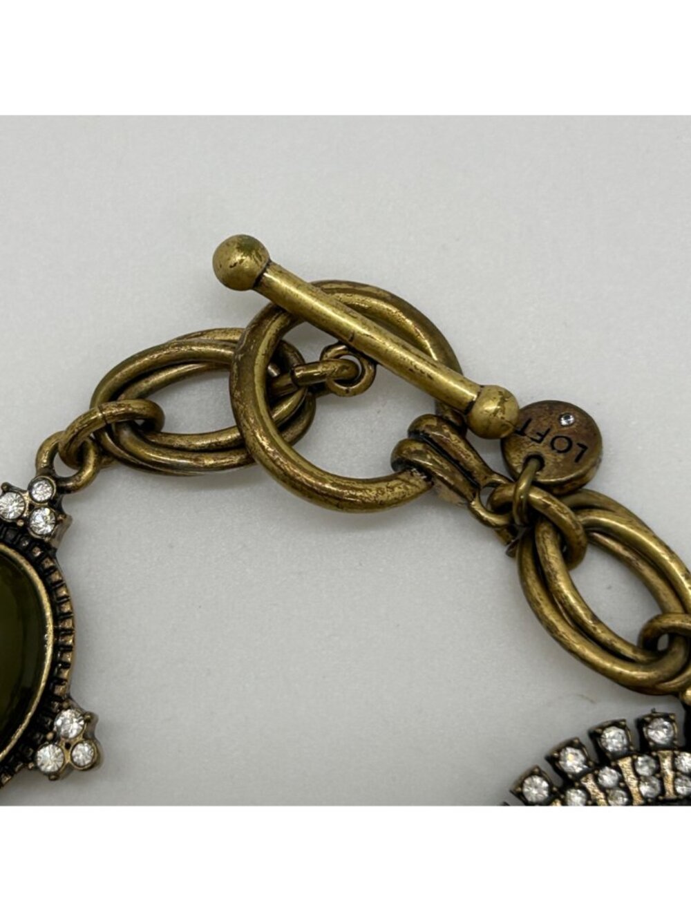 LOFT Vintage Brass Gold Tone Cabochon Stone Pave Crystal Link Bracelet - Picture 6 of 10